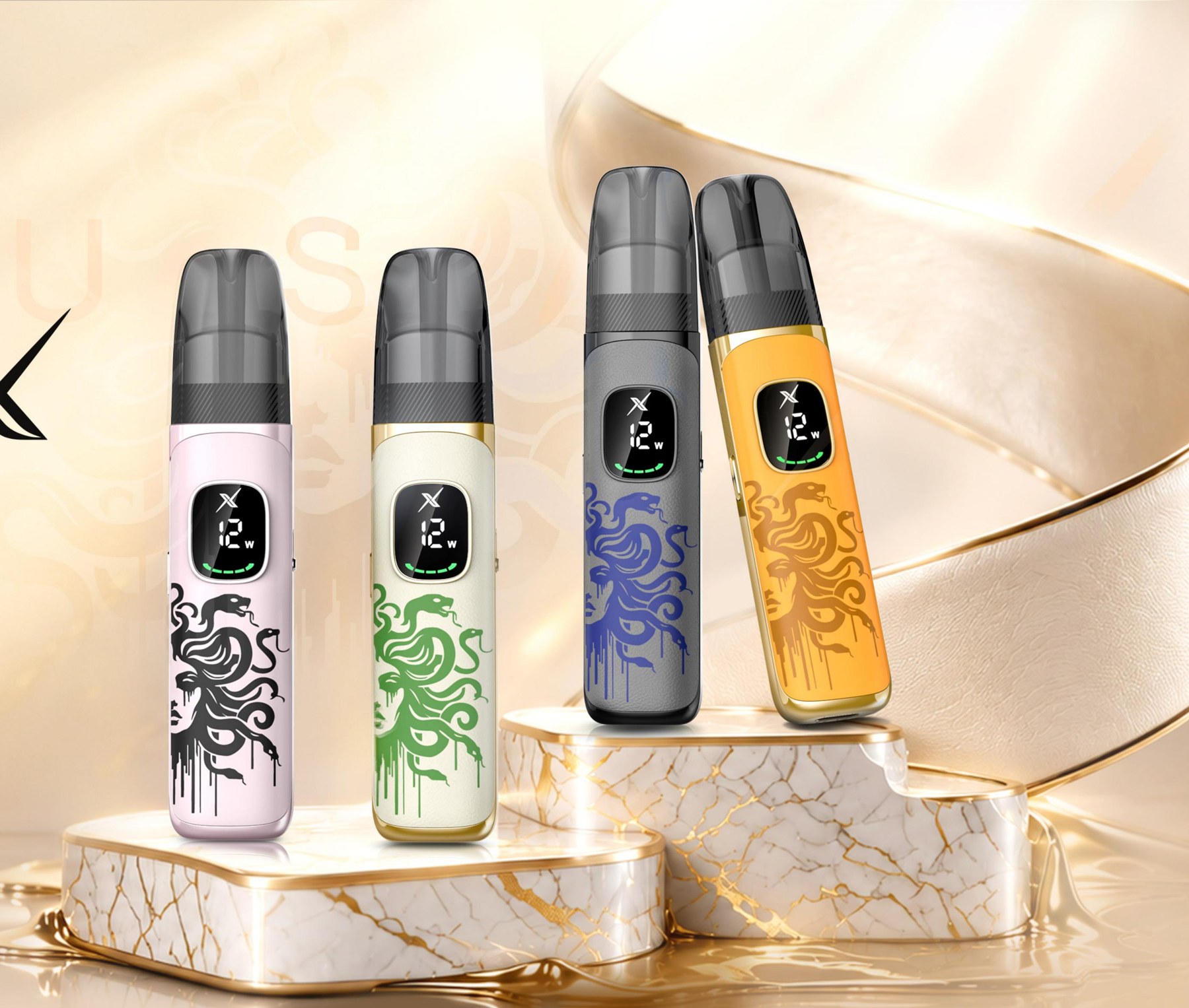 Medusa X devices arranged on marble under warm light